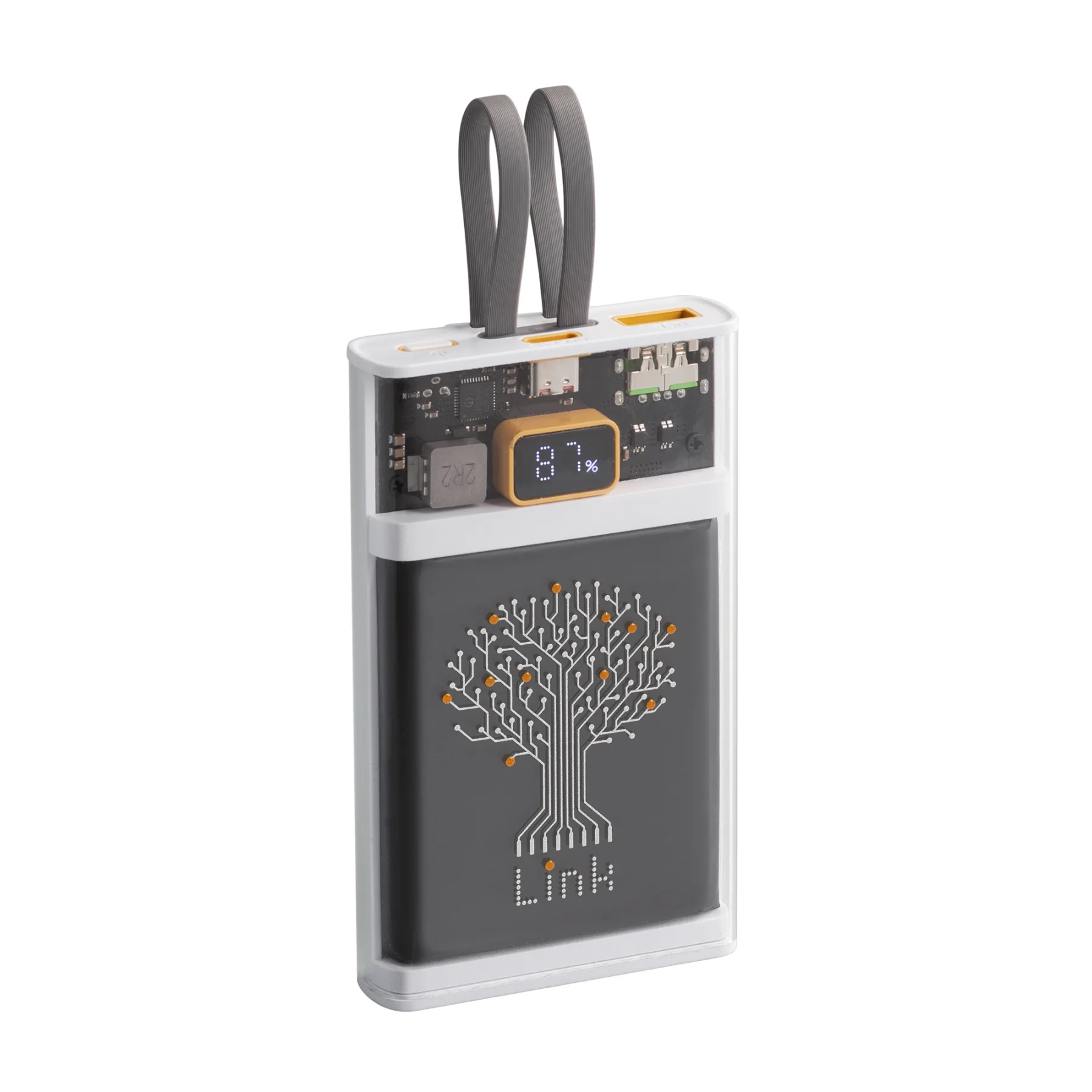 Зарядное (22.5W) устройство "Link" 10000 mAh с прозрачным корпусом, цифровым индикатором заряда и встроенными Type-C/Lightning кабелями, белый/черный