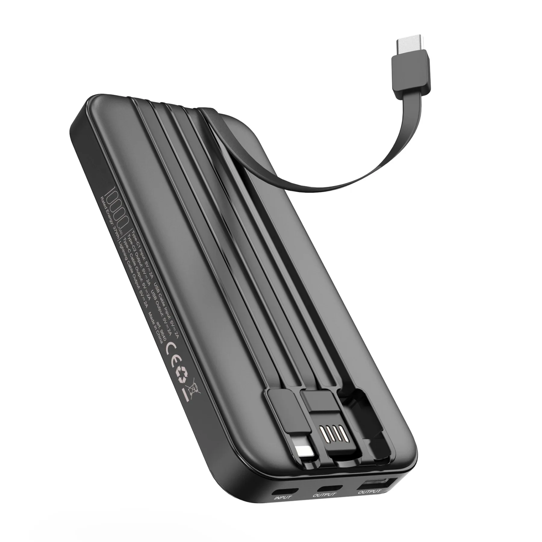 Зарядное устройство "Форт" 10000 mAh с подсветкой логотипа, встроенными кабелями и цифровым индикатором заряда, черный