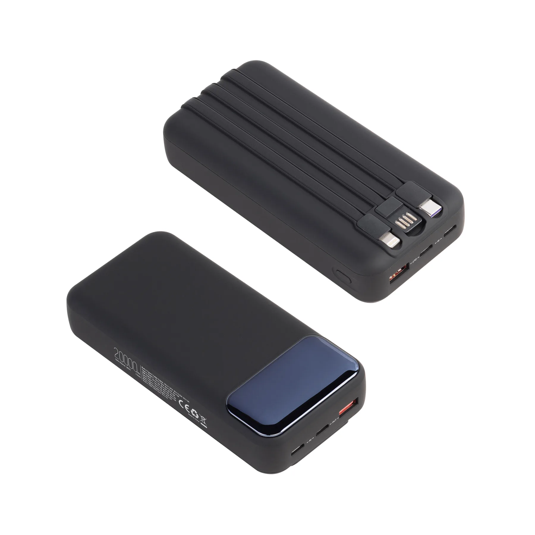 Зарядное (22.5W) устройство "Top Grade SOFTTOUCH" 20000 mAh с подсветкой логотипа, встроенными кабелями и цифровым индикатором заряда, черный