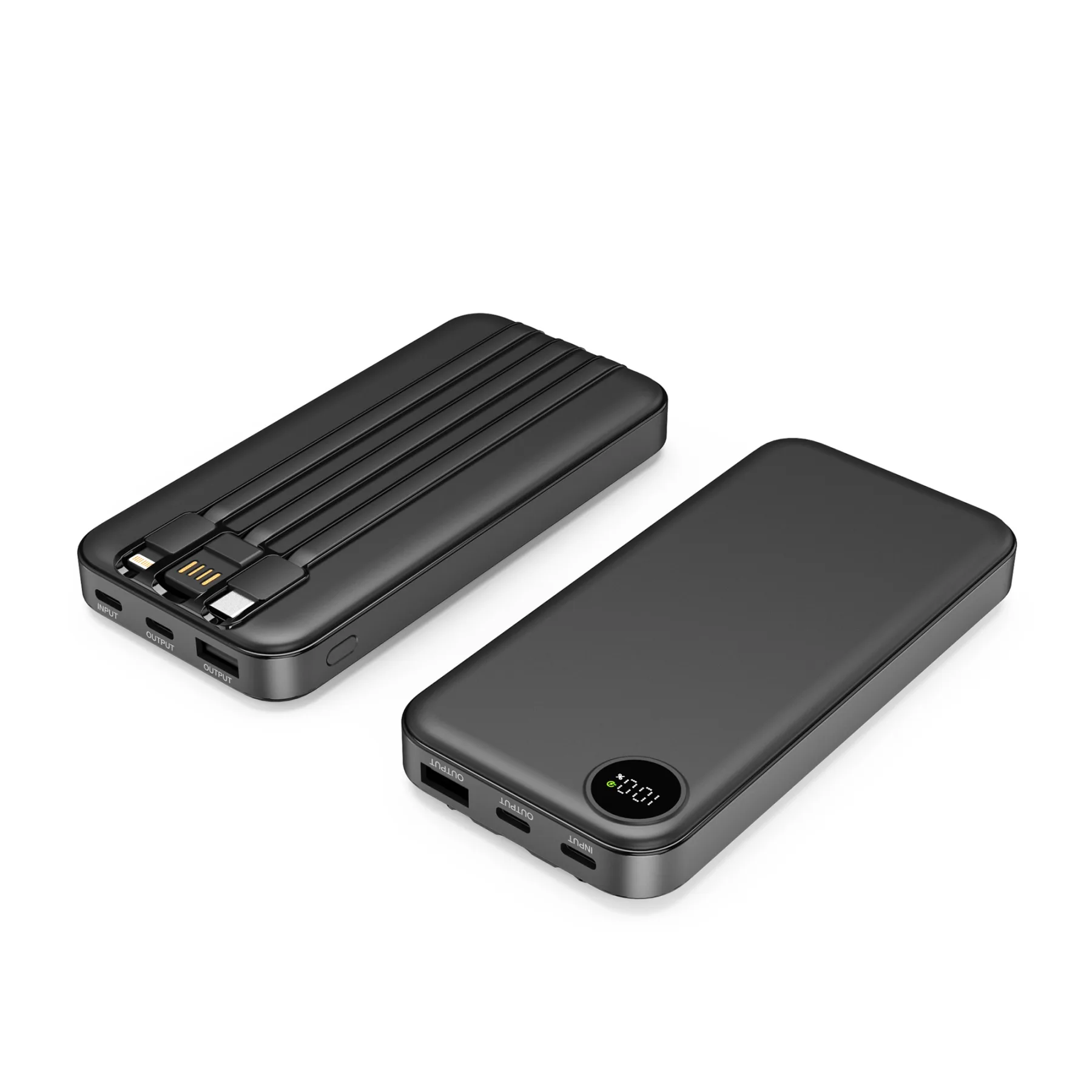 Зарядное устройство "Форт" 10000 mAh с подсветкой логотипа, встроенными кабелями и цифровым индикатором заряда, черный