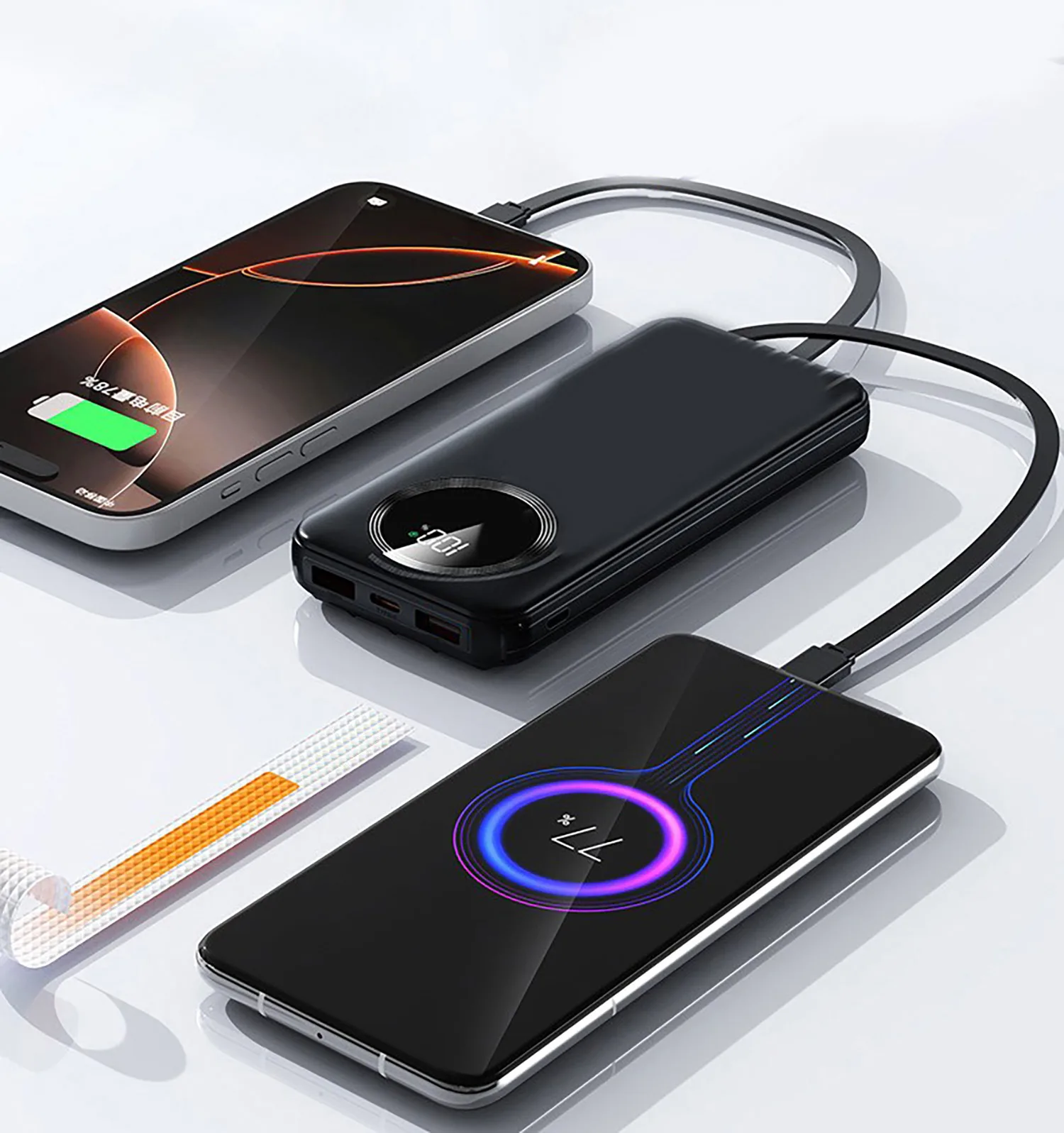 Зарядное устройство "Phantom" 10000 mAh с 4мя встроенными кабелями и цифровым индикатором заряда, черный