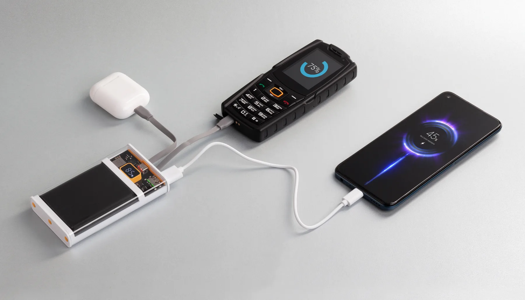 Зарядное (22.5W) устройство "Link" 10000 mAh с прозрачным корпусом, цифровым индикатором заряда и встроенными Type-C/Lightning кабелями, белый/черный