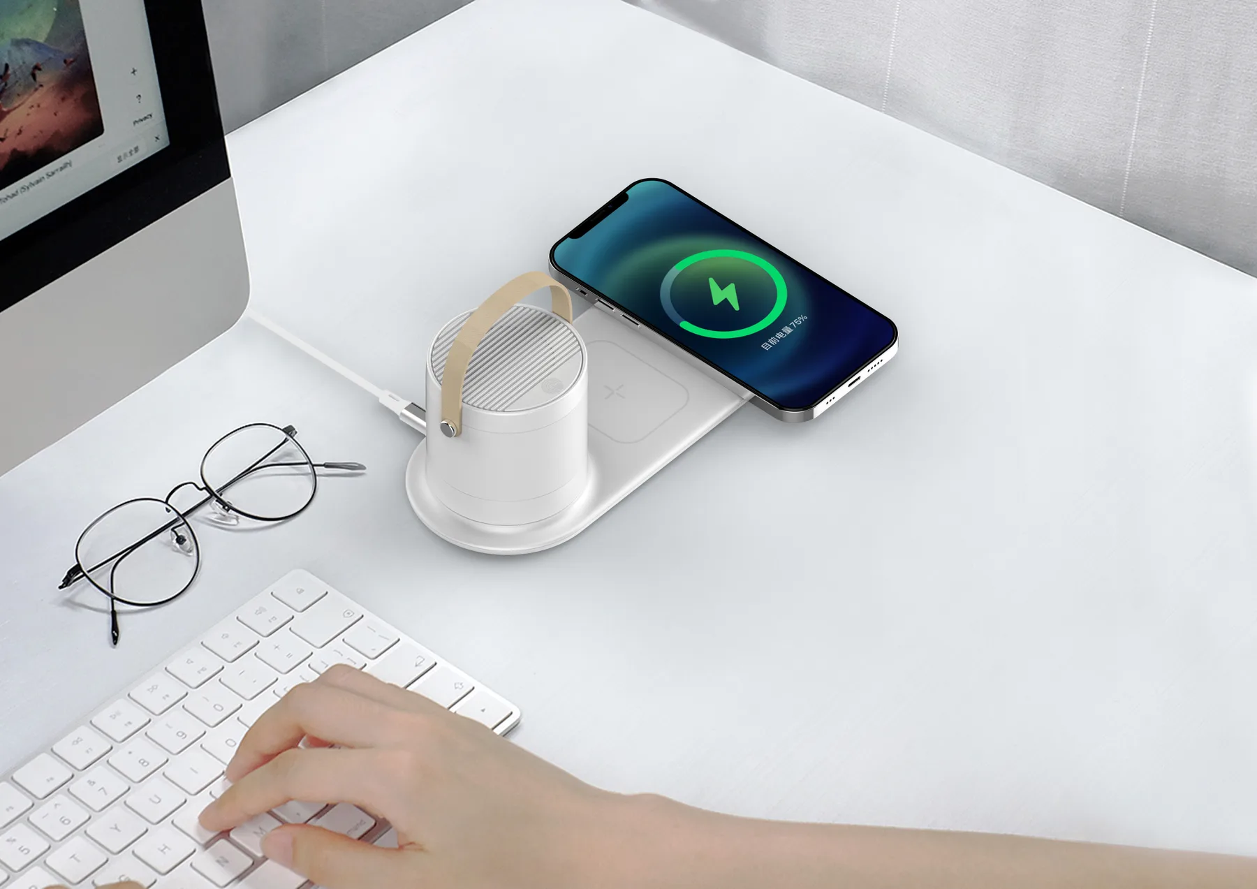 Настольная беспроводная (15W) зарядная станция "Smart Home" с bluetooth колонкой-лампой, белый