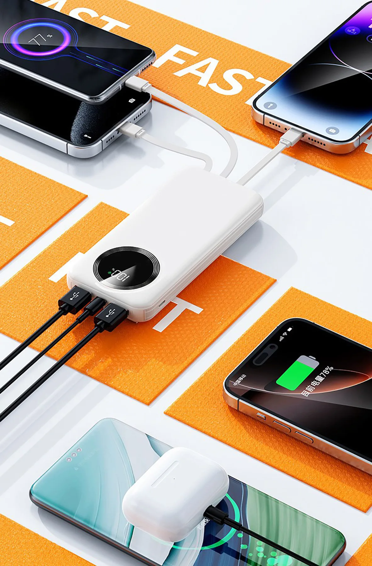 Зарядное устройство "Phantom" 10000 mAh с 4мя встроенными кабелями и цифровым индикатором заряда, белый