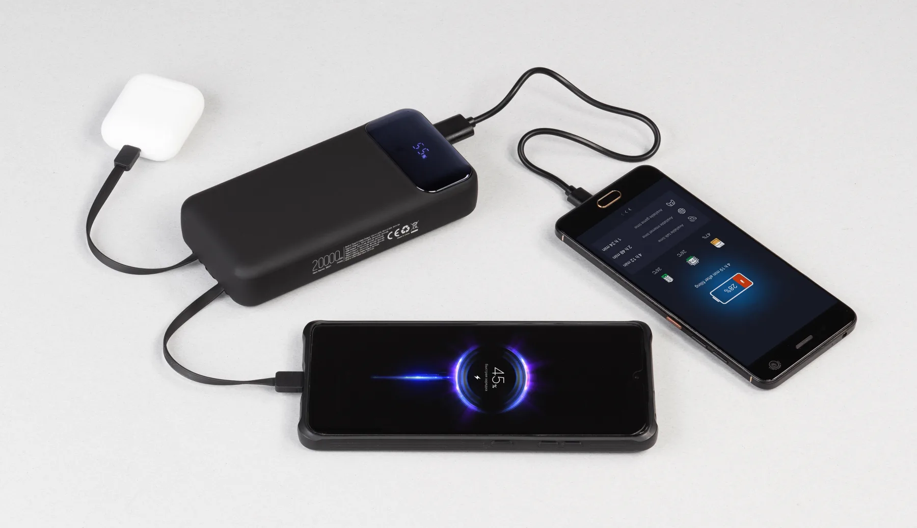 Зарядное (22.5W) устройство "Top Grade SOFTTOUCH" 20000 mAh с подсветкой логотипа, встроенными кабелями и цифровым индикатором заряда, черный