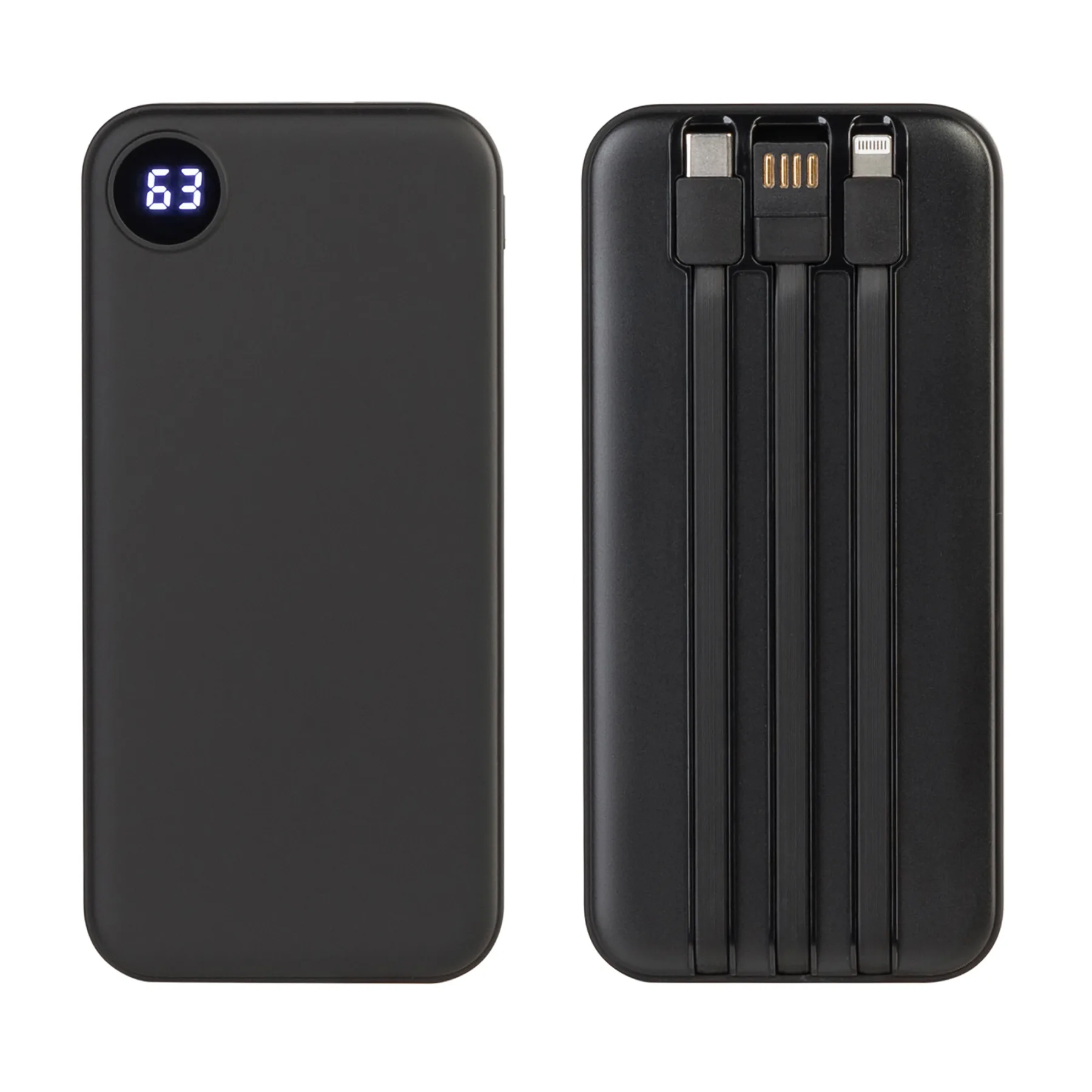 Зарядное устройство "Форт" 10000 mAh с подсветкой логотипа, встроенными кабелями и цифровым индикатором заряда, черный