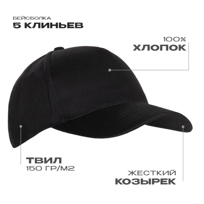 Бейсболка STAN 5 клиньев хлопок 150, 10L, Чёрный