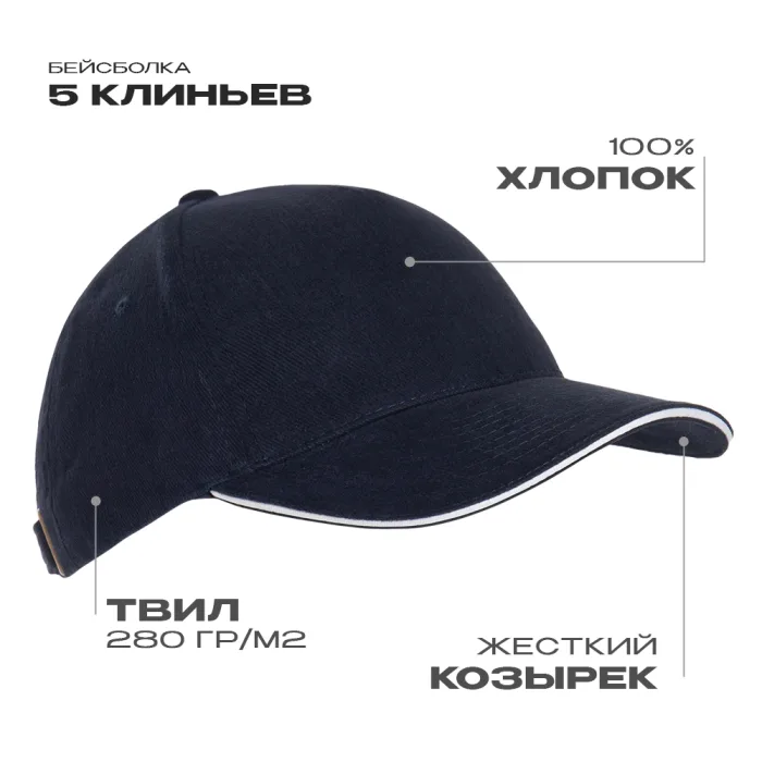 Бейсболка с кантом STAN 5 клиньев хлопок 280, 11K, Тёмно-синий