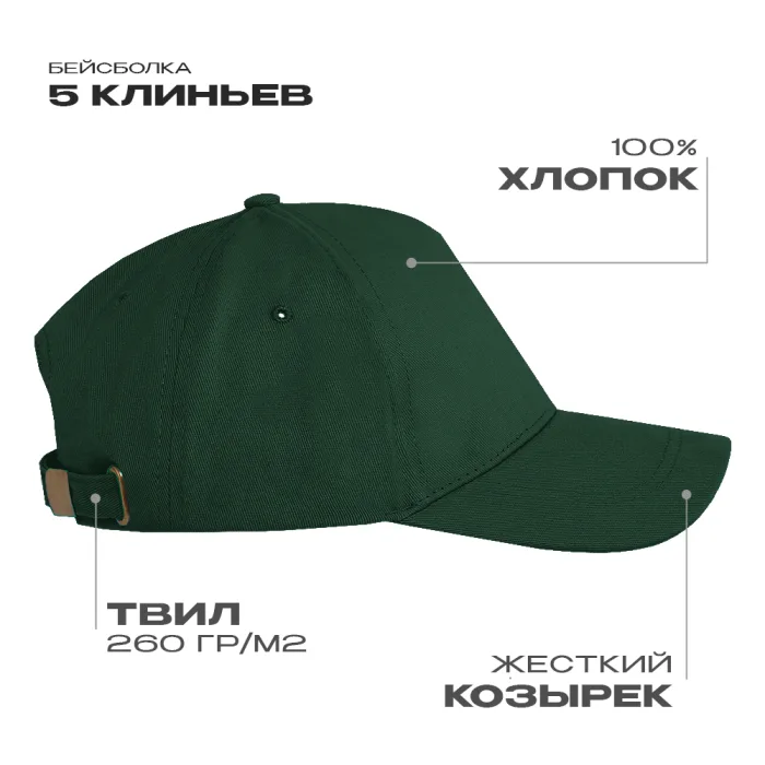 Бейсболка STAN 5 клиньев хлопок, 260, 112, Тёмно-зелёный