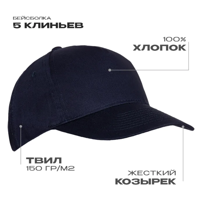 Бейсболка STAN 5 клиньев хлопок 150, 10L, Тёмно-синий
