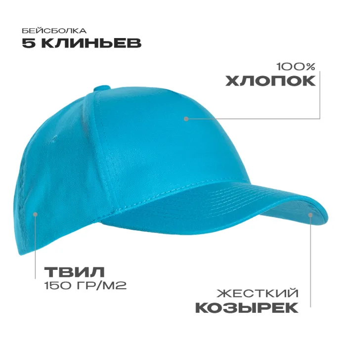 Бейсболка STAN 5 клиньев хлопок 150, 10L, Бирюзовый