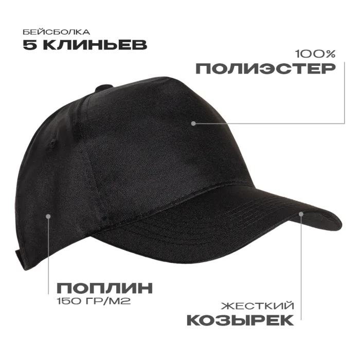 Бейсболка STAN 5 клиньев полиэстер 150, 10P, Чёрный