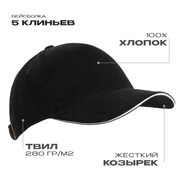 Бейсболка с кантом STAN 5 клиньев хлопок 280, 11K, Чёрный