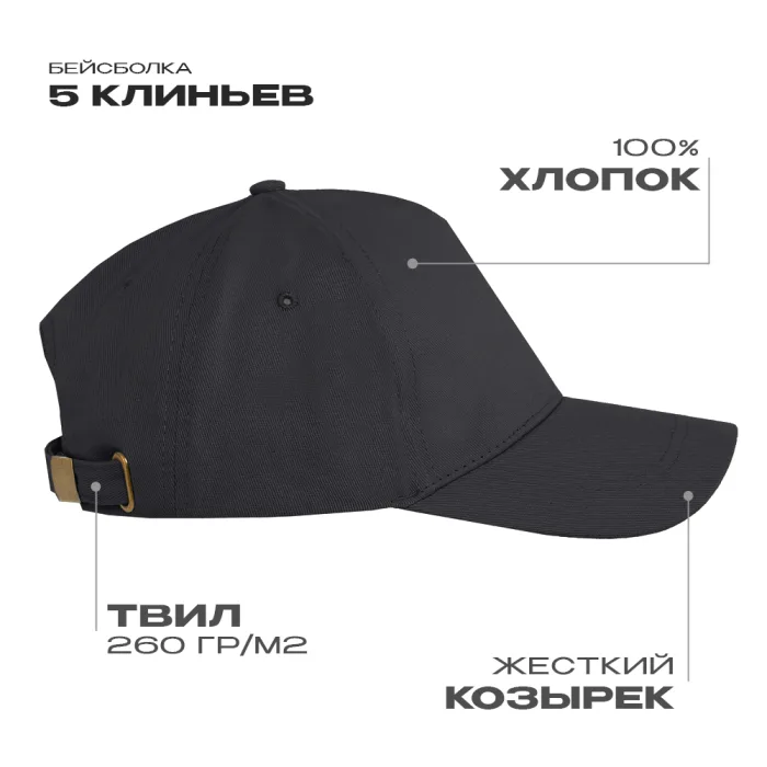 Бейсболка STAN 5 клиньев хлопок, 260, 112, Тёмно-серый